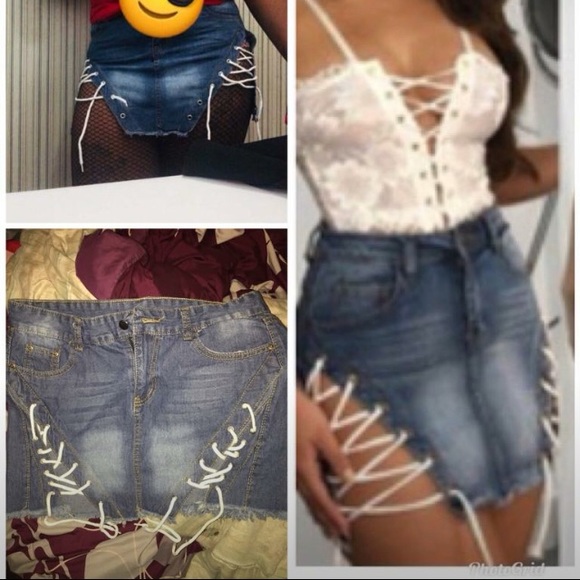 Lace up blue jean skirt - Picture 1 of 2